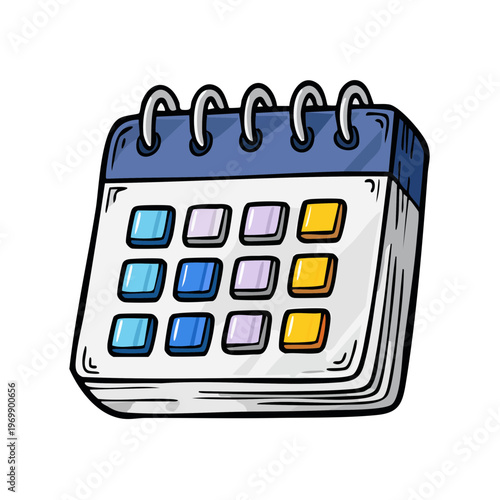 Hand drawn calendar with colorful square dates and spiral binding