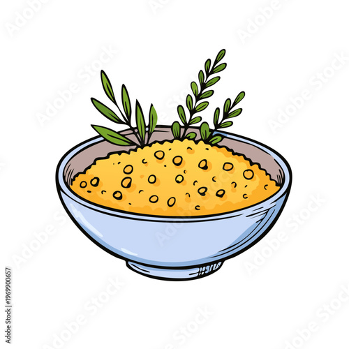 Hand drawn illustration of a bowl of porridge with fresh herbs and leaves