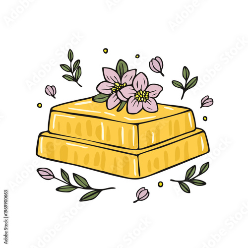 Yellow layered dessert topped with delicate pink flowers and green leaves in a hand drawn style