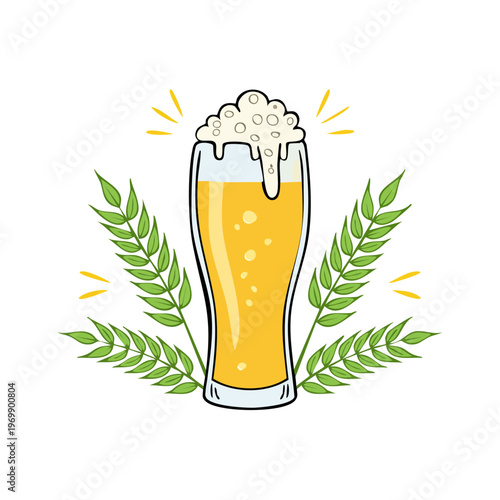 A tall glass of frothy golden beer surrounded by green wheat stalks and radiating yellow lines