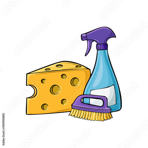 Cartoon Cheese Wedge with Cleaning Supplies Spray Bottle and Brush