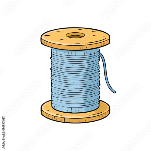 Wooden spool with light blue thread for sewing or crafting projects