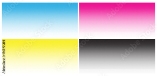 Cyan, magenta, yellow, black seamless dotted halftone gradient border set. Vector half tone dot bottom to top gradation. Horizontal geometric backgrounds CMYK seamless pattern. Abstract pixelated bg