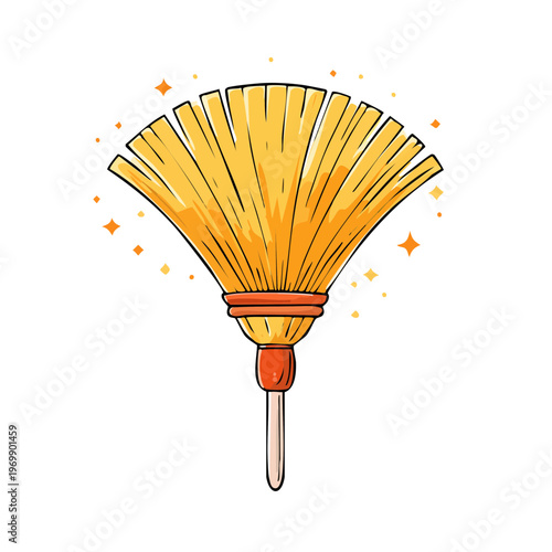 Vibrant yellow broom with orange handle and sparkling highlights for cleaning and sweeping concepts