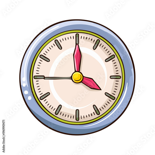 Simple cartoon round wall clock with red hands indicating the time