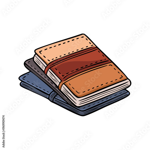 Stack of three vintage style notebooks with colorful covers and stitched bindings