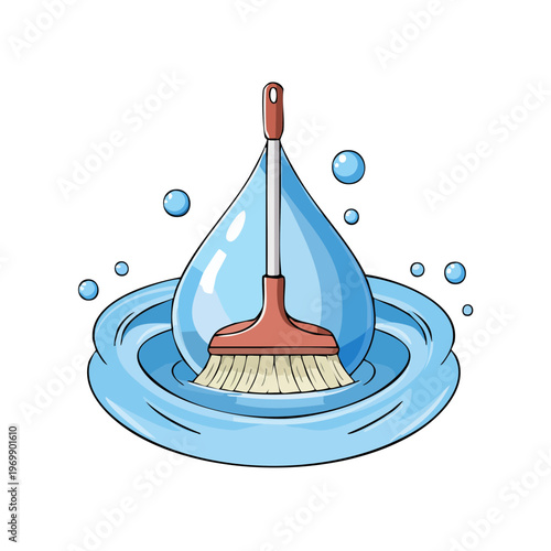 Broom cleaning large water drop and ripples symbolizing clean liquid and tidiness