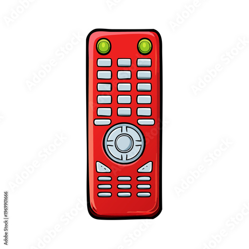 Bright red television remote control with multiple buttons and green indicator lights