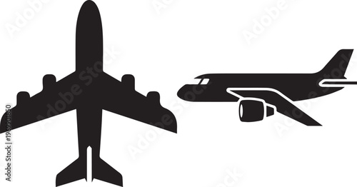 Airplane Silhouette Icon Set, Commercial Aircraft Top and Side View Vector