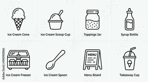 Ice cream shop icons: cone, bowl, topping jar, syrup, freezer, spoon, menu, cup.