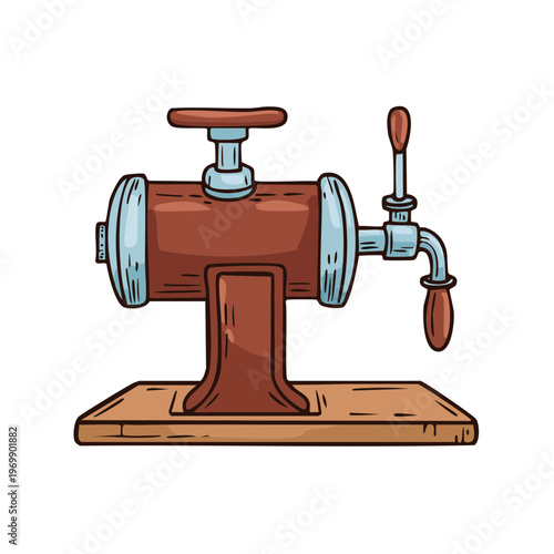 Vintage manual meat grinder with wooden handle and base illustration