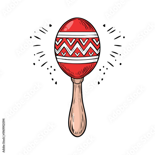 Vibrant Red Maraca With White Zigzag Pattern and Sparkle Embellishments on White Background