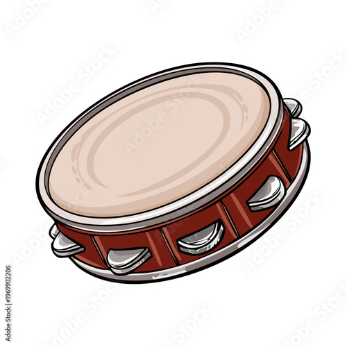 Isolated Tambourine Percussion Instrument with Jingle Bells