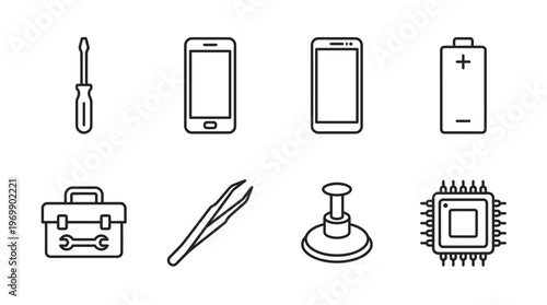 Electronics repair icons: screwdriver, phone, battery, toolkit, tweezers, suction cup, microchip.