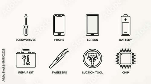 Electronics repair icons: screwdriver, phone, battery, toolkit, tweezers, suction cup, microchip.