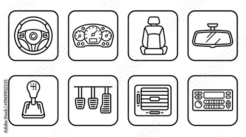 Car interior icons: steering wheel, dashboard, seat, mirror, gear, pedals, vent, stereo.