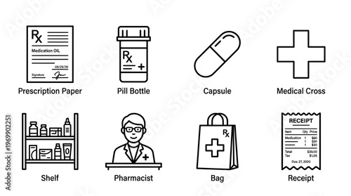 Pharmacy icons: prescription, pill bottle, capsule, cross, shelf, pharmacist, bag, receipt.