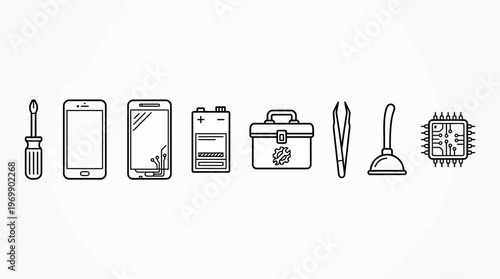 Electronics repair icons: screwdriver, phone, battery, toolkit, tweezers, suction cup, microchip.