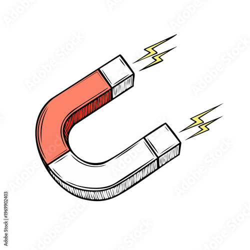 Red and white horseshoe magnet with magnetic force sparks emanating from poles