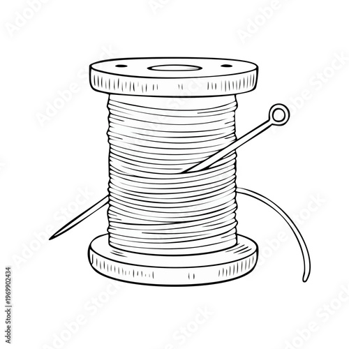Hand drawn illustration of a sewing spool with needle and thread, isolated on white