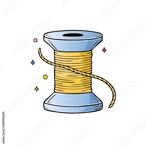 Vintage sewing spool with yellow thread and colorful sparkling details