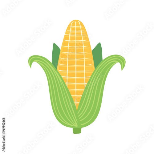 Isolated Cartoon Corn on the Cob with Green Husks and Yellow Kernels