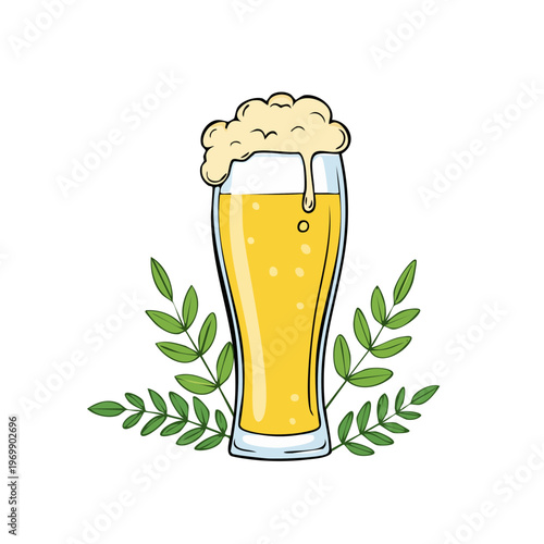 Refreshing Beer Glass with Overflowing Foam and Green Leaves