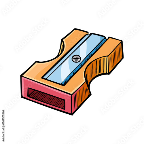 Classic manual pencil sharpener with wooden housing and metal blade for drawing and writing tools