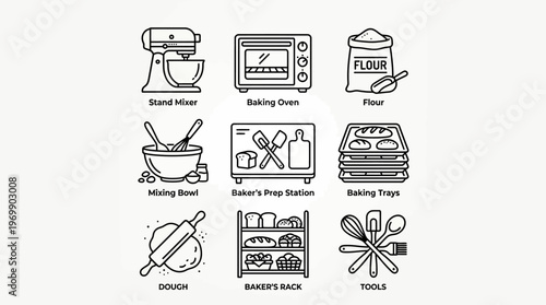 Baking icons: oven, mixer, dough, rolling pin, bread rack, tray, flour, utensils.