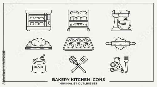Baking icons: oven, mixer, dough, rolling pin, bread rack, tray, flour, utensils.