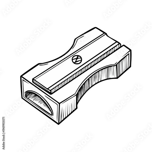 Simple hand drawn illustration of a classic pencil sharpener with a metallic finish and visible screw detail