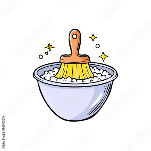 Cleaning Brush Soaking in Foamy Water Filled Bowl with Sparkles