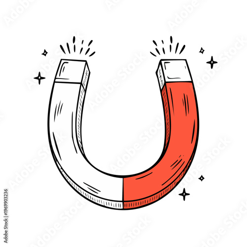 Hand-drawn Horseshoe Magnet with Sparkles Illustrating Magnetic Force