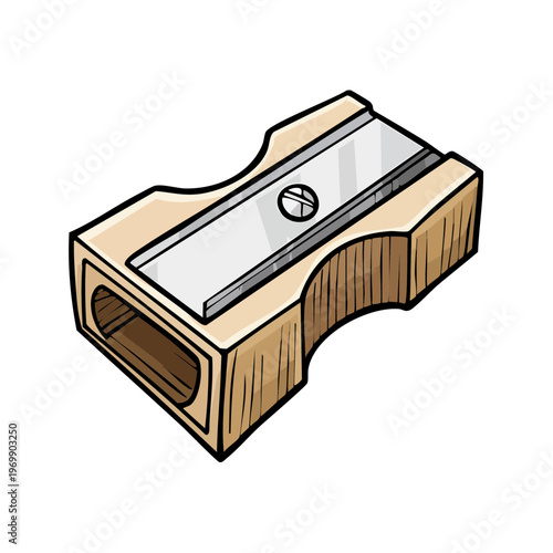 Simple hand-drawn wooden pencil sharpener with metal blade and screw
