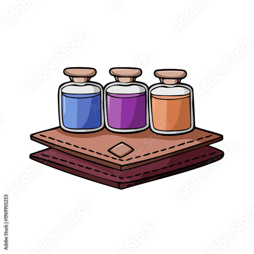 Three glass vials with colorful liquids resting on stacked leather pouches
