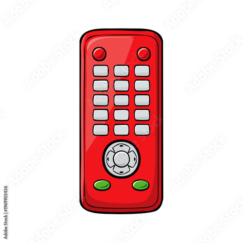Bright Red Rectangular Remote Control with Numerous White Buttons and Green Power Activators