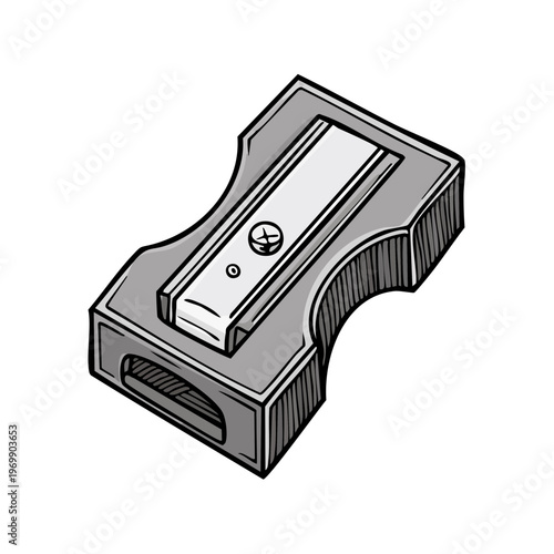Classic hand drawn gray pencil sharpener with metal blade and screw detail