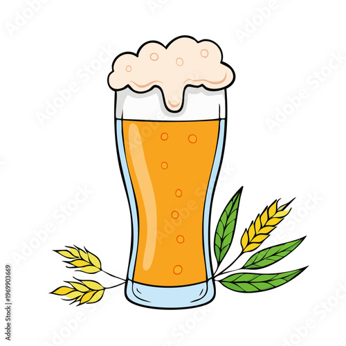 Refreshing pint of golden beer with frothy head and wheat stalks illustration