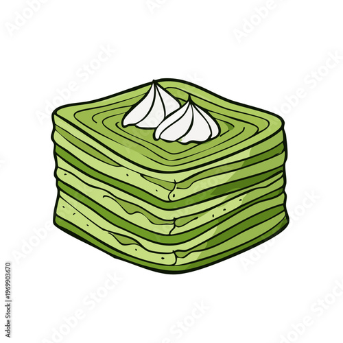 Sweet green layered cake with whipped cream swirls and artistic drawing detail