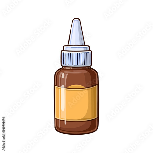 Brown glass dropper bottle with a white cap and label for medicine or cosmetic products