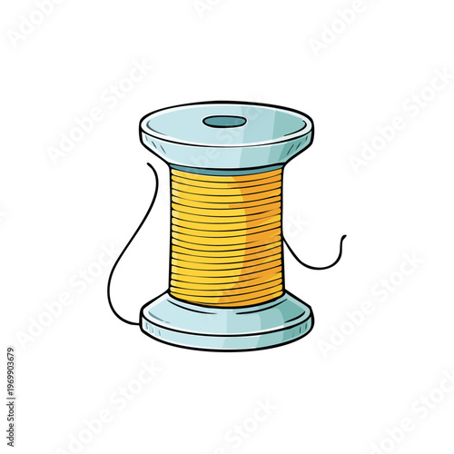 Illustration of a yellow thread spool with blue and gray ends and loose threads extending