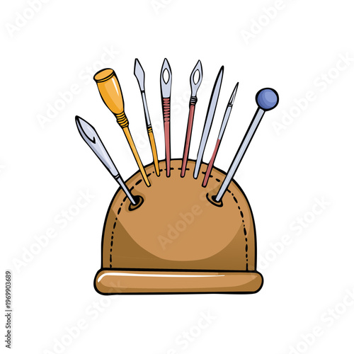 Collection of Sewing Needles and Tools in a Leather Pincushion Holder