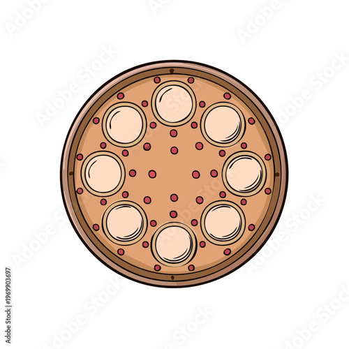Top view of a round pizza with scattered toppings and circular dough bases