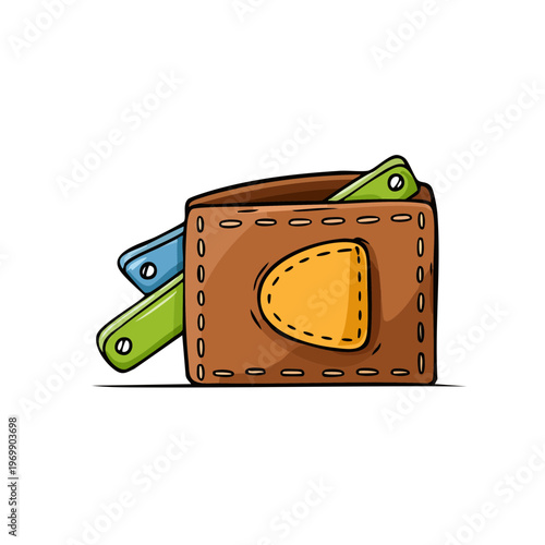 Cute cartoon brown leather wallet with colorful cards sticking out