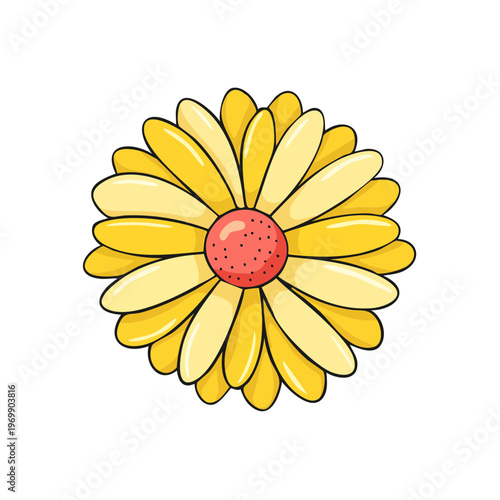 Bright Yellow Daisy Flower with Red Center Cartoon Style Illustration