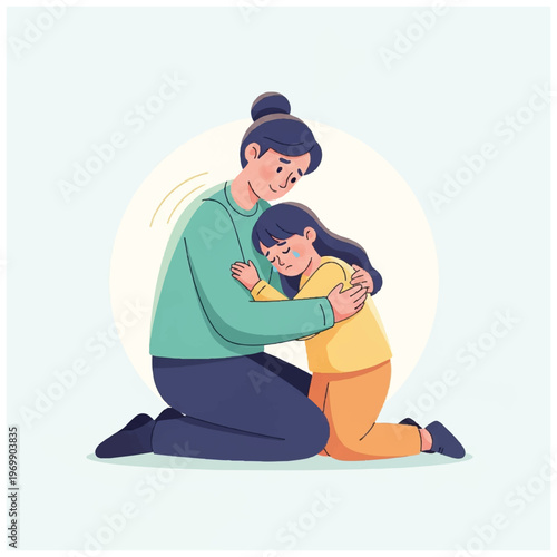 Woman Comforting Young Girl with Gentle Embrace.