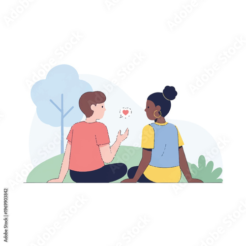 Two People Sitting Together Outside Socializing.