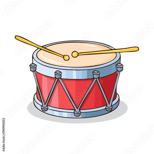 A bright red snare drum with crossed drumsticks resting on its taut surface, ready for rhythmic beats