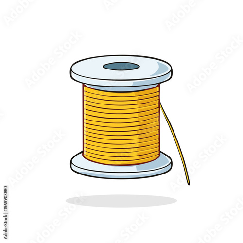 Yellow thread wound on a spool with a needle