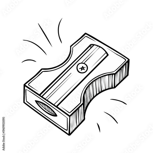 Hand drawn sketch of a classic pencil sharpener with radiating lines indicating its use